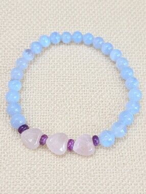Blue Chalcedony, Rose Quartz & Lepidolite Beaded Bracelet | Handmade
